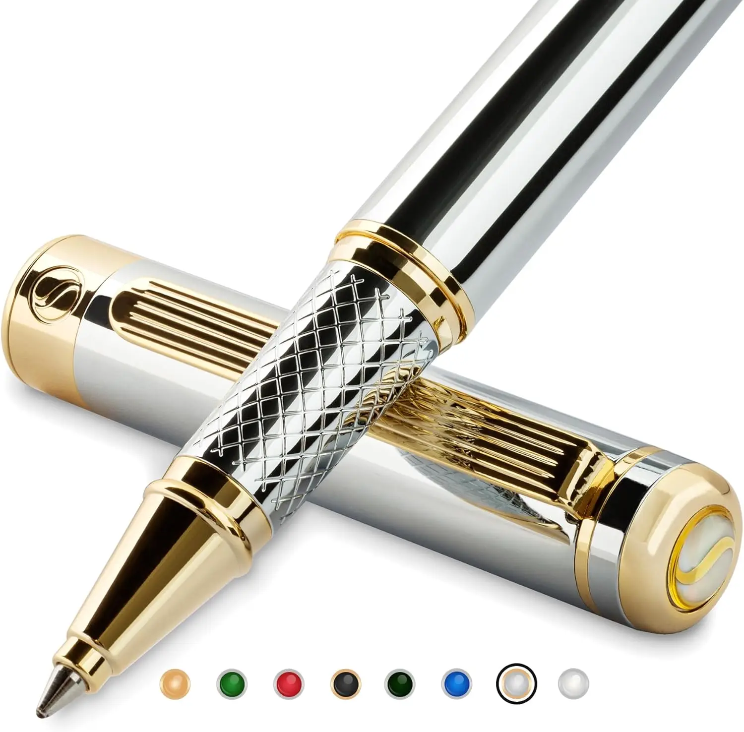 

Silver Chrome Rollerball Pen - Stunning Luxury Pen, Real Gold Plating, Schmidt Ink Refill, Best Roller Ball Pen Gift Set