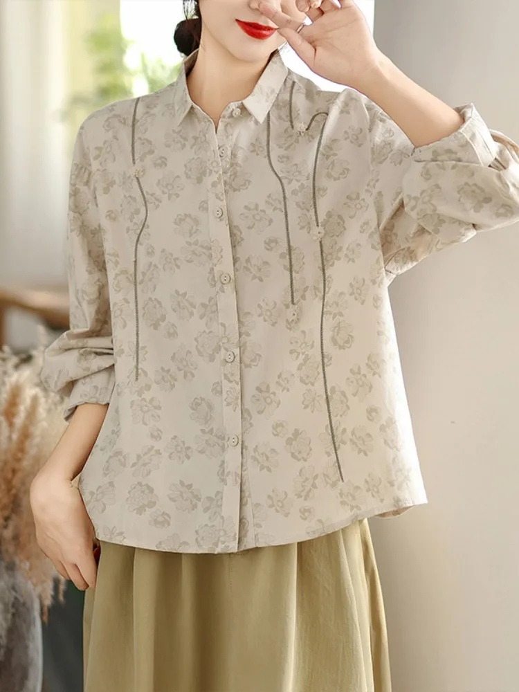 Artistic Pure Cotton Long Sve irt Women's Autumn Ele Design 3D Flower Embroidery Full Cotton Top Button up irt