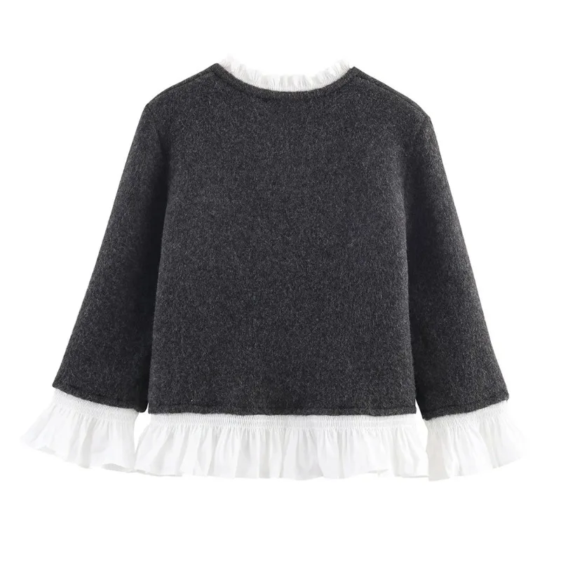 

Новое женское вязаное короткое пальто с французскими рюшами и шифоновым узором, европейская и американская осенняя мода