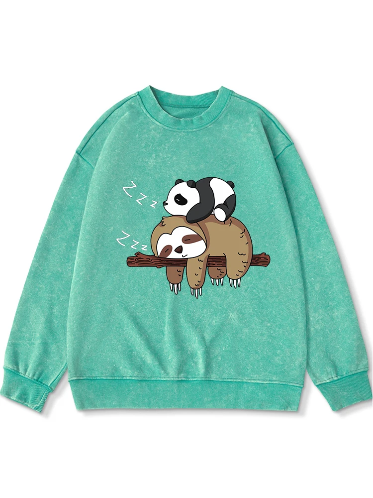 

Panda Lying On A Sloth Printed Female Washed Distressed Sweatshirt Autumn Warm Comfortable Hoodies Casual Soft Clothes Women