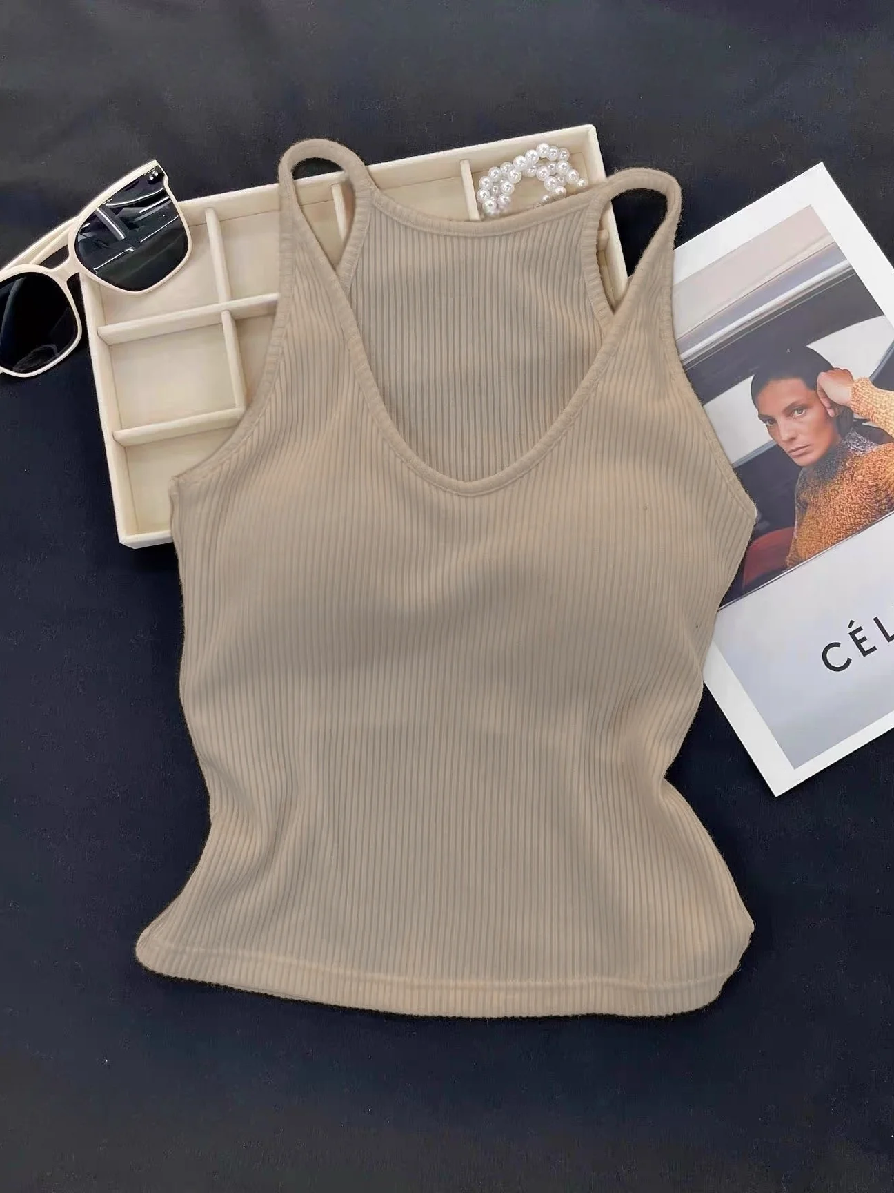 Summer New Women's Sleeveless U-Neck Cotton 95% Vest with Chest Pad Beautiful Back Large Size Strap Vest Inner Wear Top
