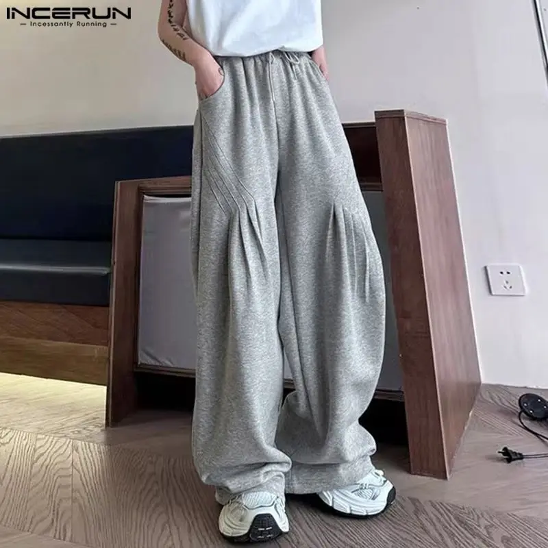 INCERUN 2024 Korean Style Pantalons Men's Pleated Craft Design Pants Rubber Waist Drawstring Sports Casual Simple Trousers S-5XL