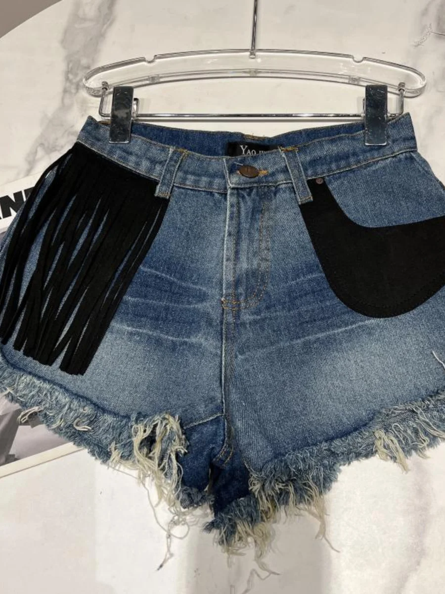 Tassel Pocket Heavy Burr Blue Denim Shorts Sexy Low Waist Short Jeans Pants for Women 2023 Summer New Pantalones Cortos De Mujer