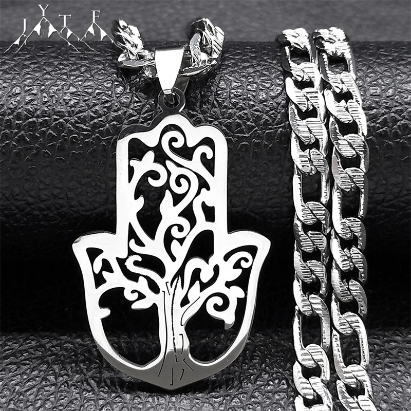 

Hamsa Hand Tree of Life Hollow Necklace Cuban Link Chain for Men Stainless Steel Islamic Religious Necklaces Jewelry N9737S05