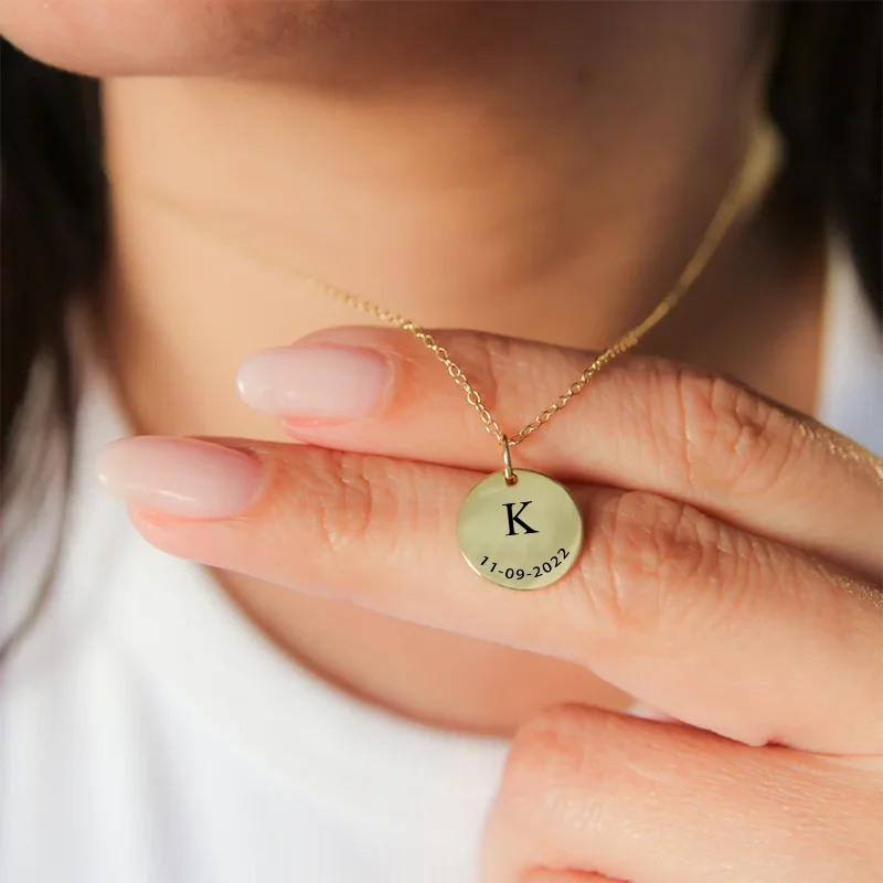 

Stainless Steel Round Pendant Necklace with Custom Engraving of Letters/Dates, Women's Jewelry, Birthday, Valentine's Day Gift
