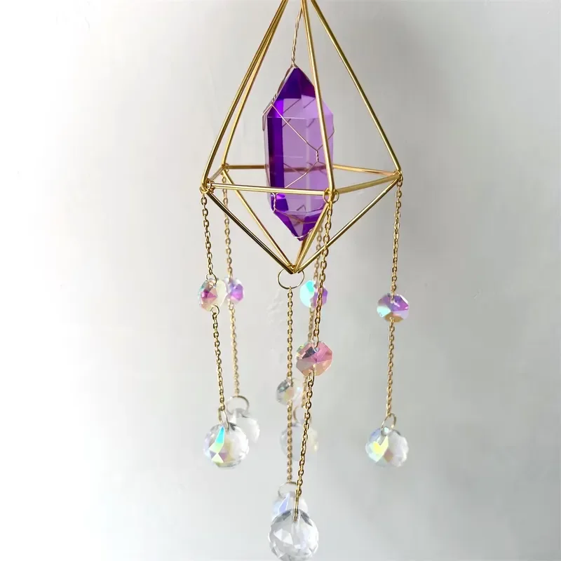 Polished natural crystal wind chimes quartz rough stone amethyst crystal point hanging sun catcher