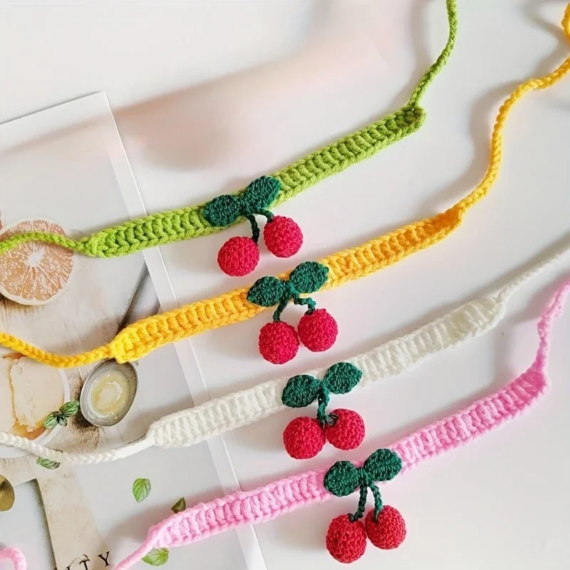 Pet Collar Handmade Knitted Cat Collar With Cherry Decor Cute Cat Necklace Cat Supplies ошейник для кошек para gatos accesorios