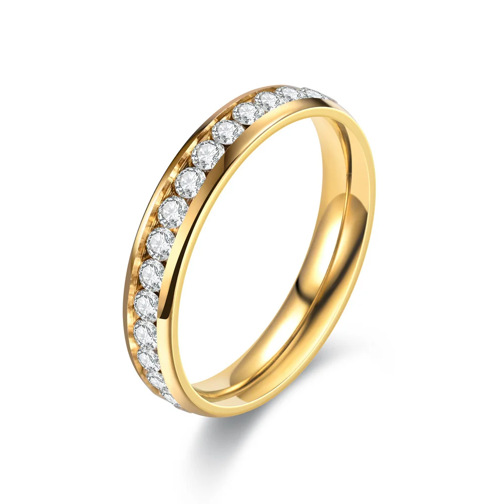 Women's Gold Ring 4mm Silver Color Stainless Steel Iced Out Crystal Zircon Wedding Rings for Woman Elegant Jewelry High Quality