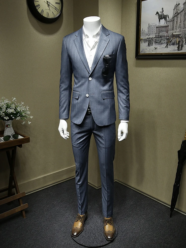 بدلات رجالية بنطلون زفاف العريس وحفلات عيد الميلاد والأعمال ملابس يومية بقصة ضيقة موضة الترفيه بنطلون رفيع أزرق مخطط