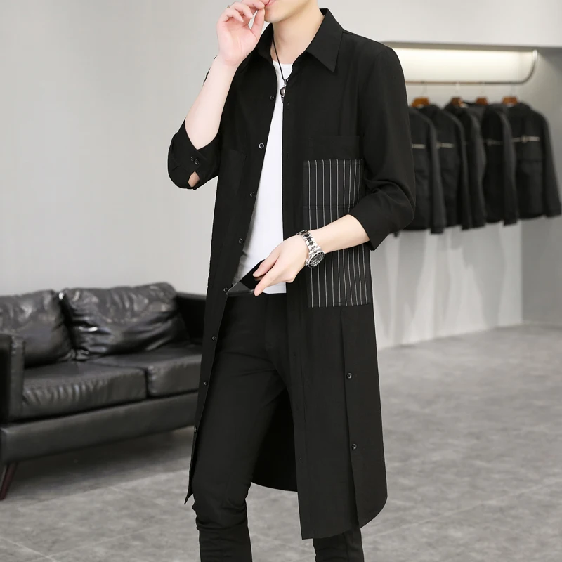 Summer Thin Men\'s Zipper Casual Cardigan 7/4 Sleeve Trench Coat Pocket Decoration Solid Color Open Front Korean Style Cardigan