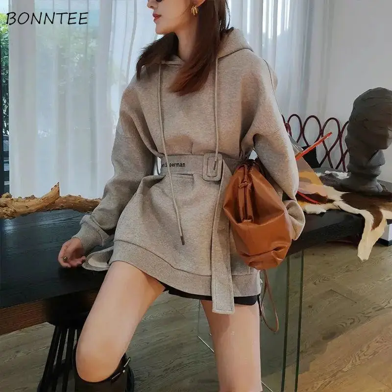 

Hoodies Women Loose Plus Velvet Thicker Solid Simple Korean-style Belt All-match Simple Office Ladies Longer Leisure Trendy Warm