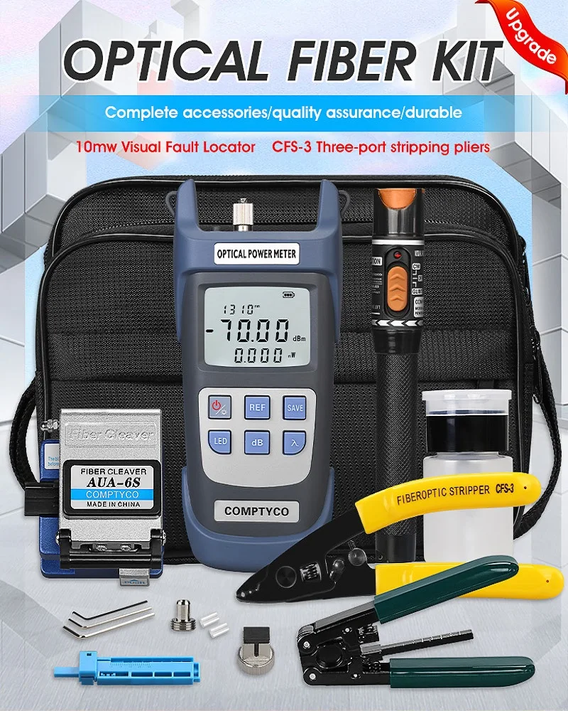 

19pcs FTTH Fiber Optic Tool Kit with Cleaver -70~+10dBm Optical Power Meter Visual Fault Locator 10mw VFL OPM AUA 6S