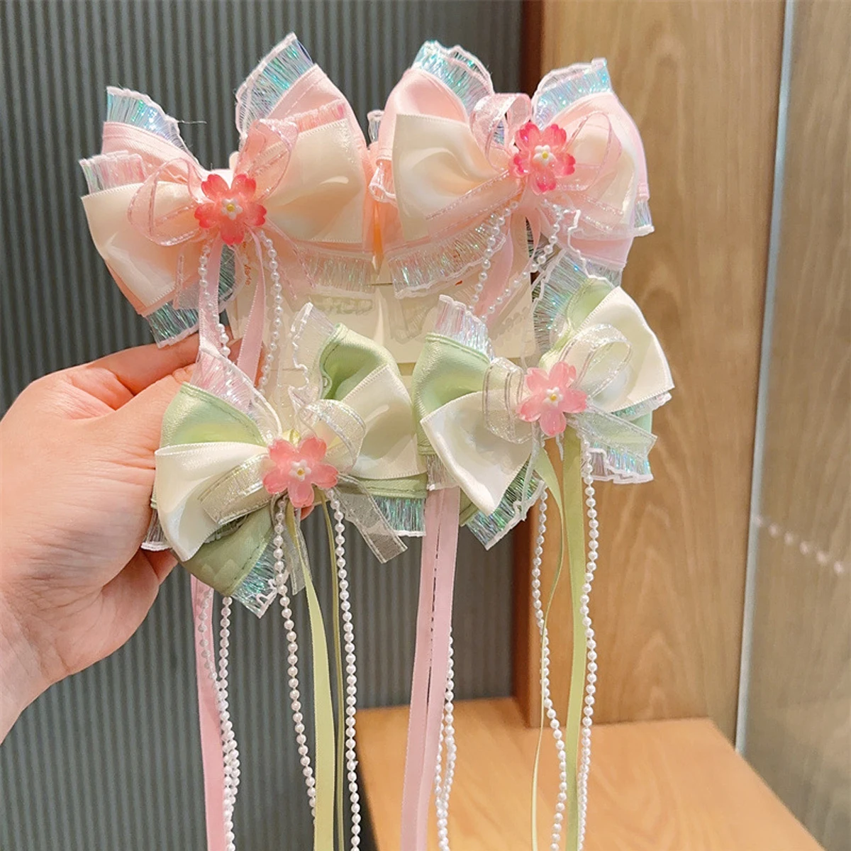 Long Ribbon Bow Hair Clip Sakura Princess Hair Clip Sweet Pearl Tassels Duckbill-clip Lolita Hair Accessory for Girl