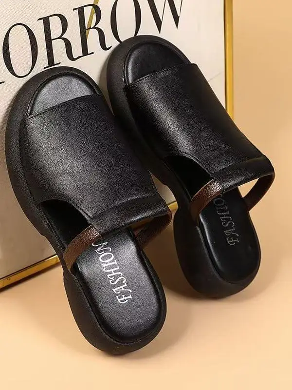 Summer 2025 Women's Fish Mouth Flat Bottom Sandals Soft Surface Genuine Leather Retro Casual Comfortable Slip-On Shoes