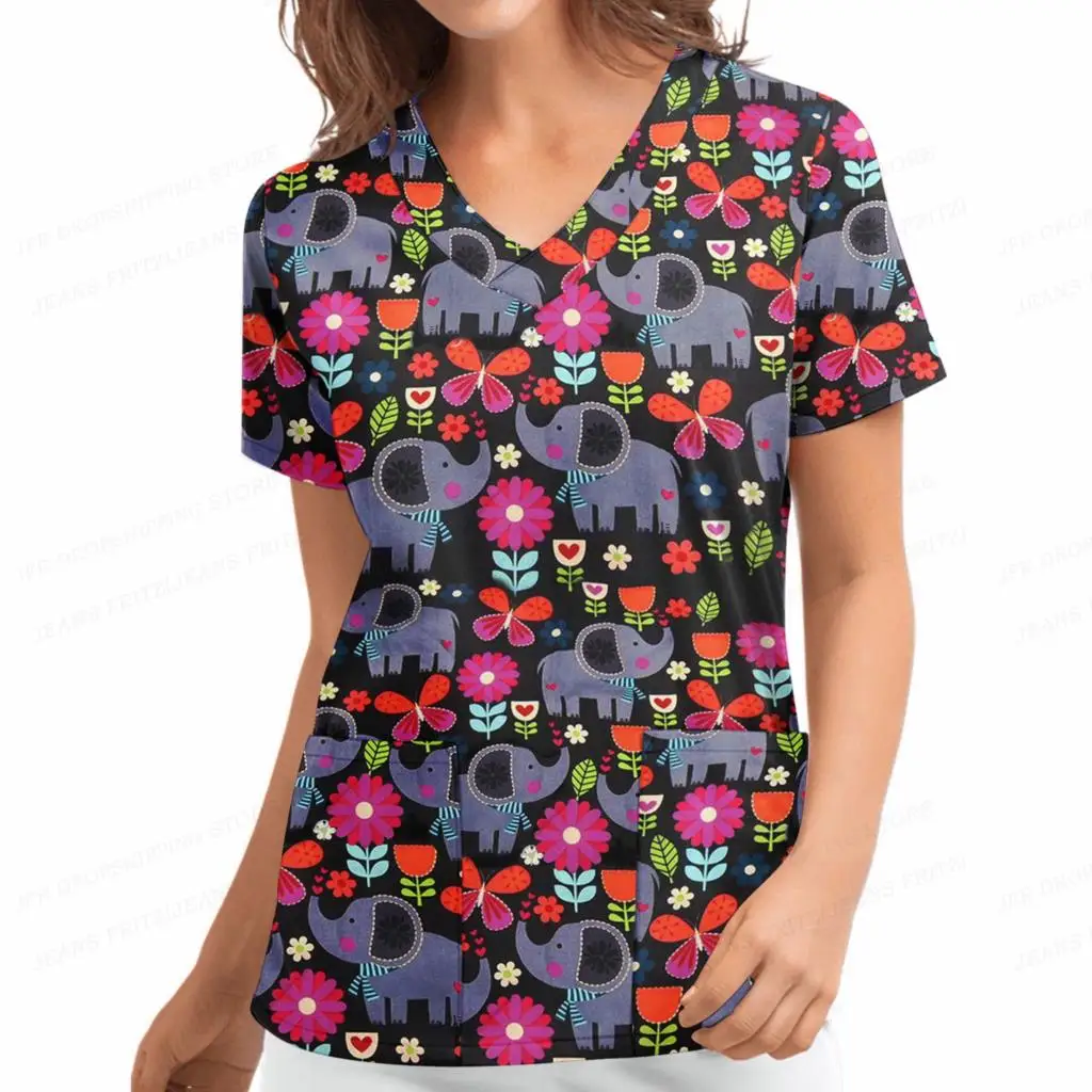 Women Nurse Uniform Anime V-Neck Pocket Medical Uniforms Cute Cat Nursing Scrubs Tops Workwear Cartoon Uniforme enfermera mujer