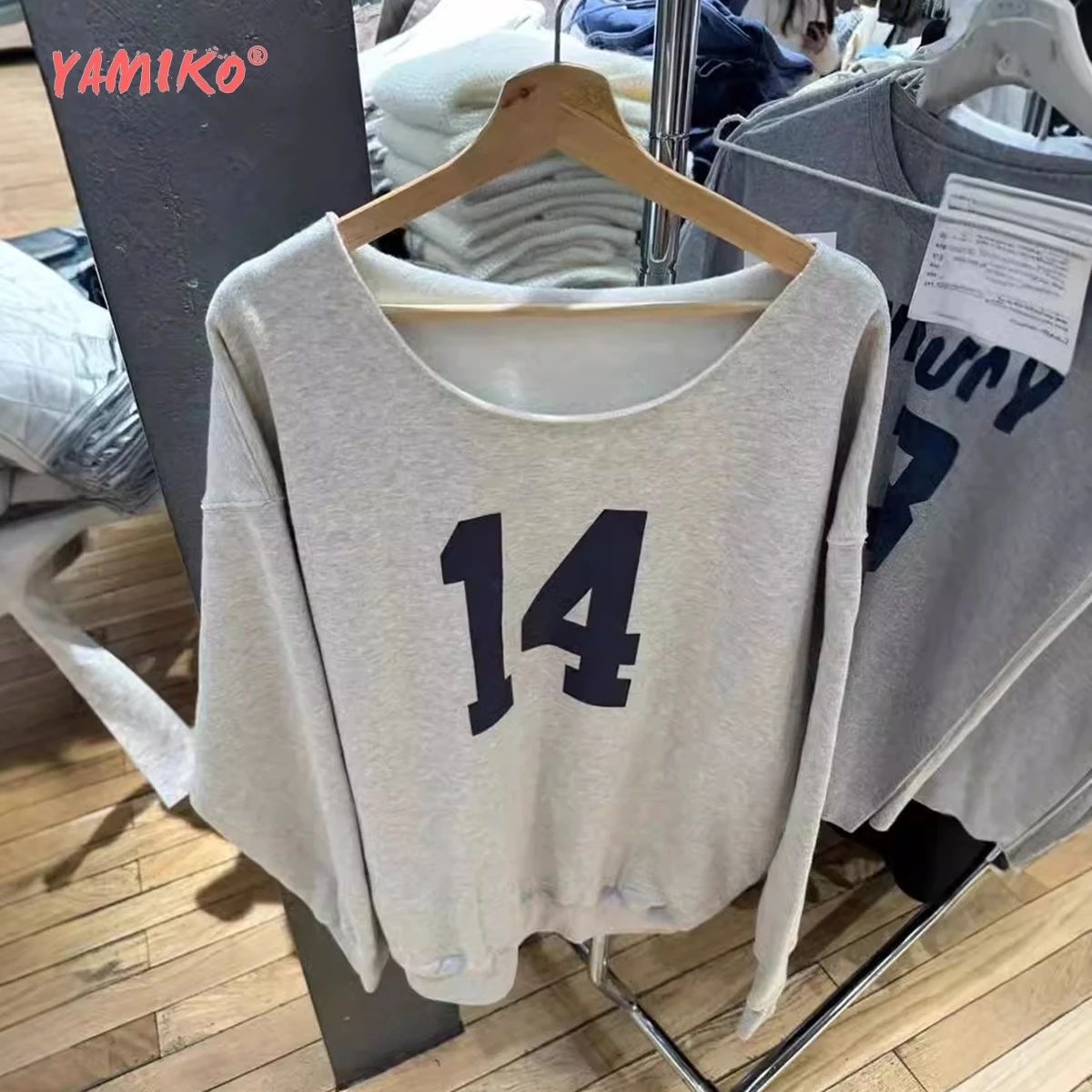 Number 14 Rolled U Neckline Off-Shoulder Sweatshirt Women Fashion Pullover Tops Girls Trending 2000s Y2K Clothes Sweatshirts