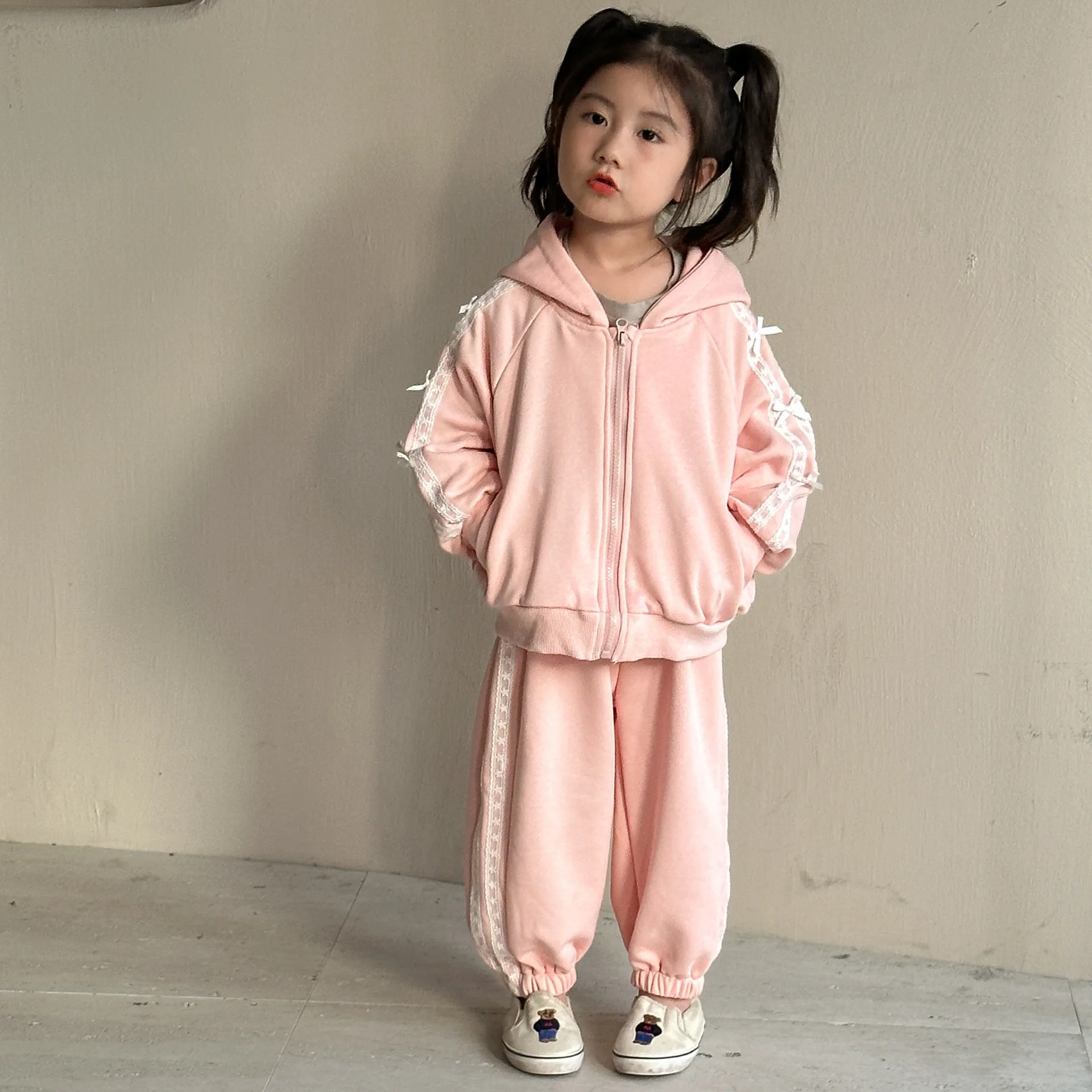 2025 Spring New Children Hooded Sweatshirt Set Girls Bow Cardigan + Pants 2pcs Suit Cotton Kids Casual Hoodie Outfits