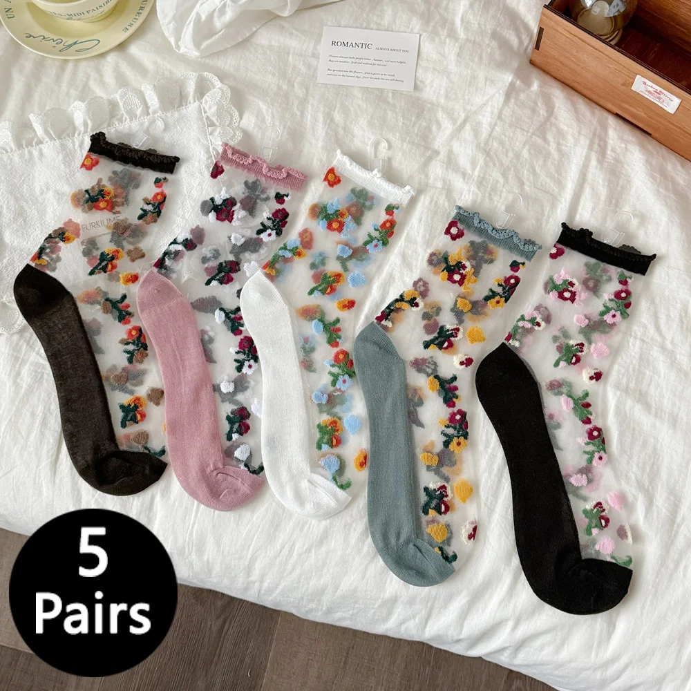 

5 Pairs Of Vibrant Floral Embroidery Socks - Soft, Lightweight, Breathable Vintage Lace Novelty Color Fashion Ladies Socks