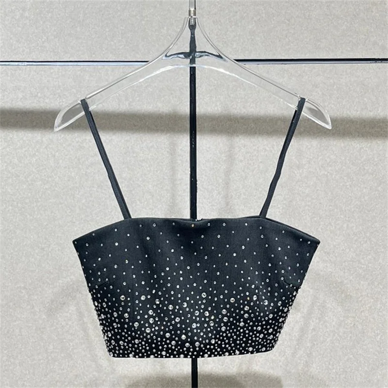

Women's vest Spring 2026 new shiny rhinestone decorative sleeveless top Sexy backless suspender Women's corset tank top t-shirt