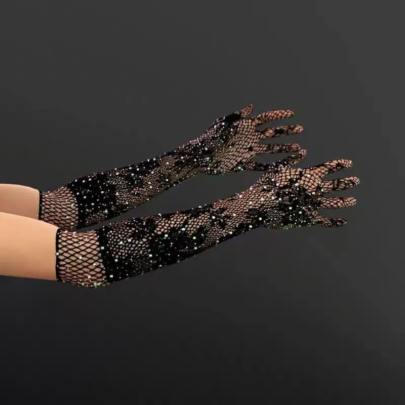 スパークリング女性のセクシーな弾性網タイツ手袋ロングストレッチアームスリーブフルフィンガーコスプレプロムステージグローブ用