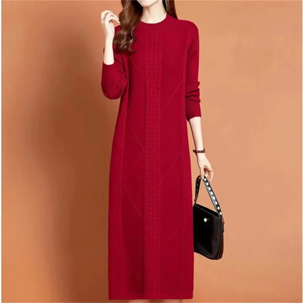 

NEW Autumn Winter Large Size Covering Belly Dress Middle Aged Elderly Mother Retro Long Knitted Sweater Dresses Vestidos Mujer