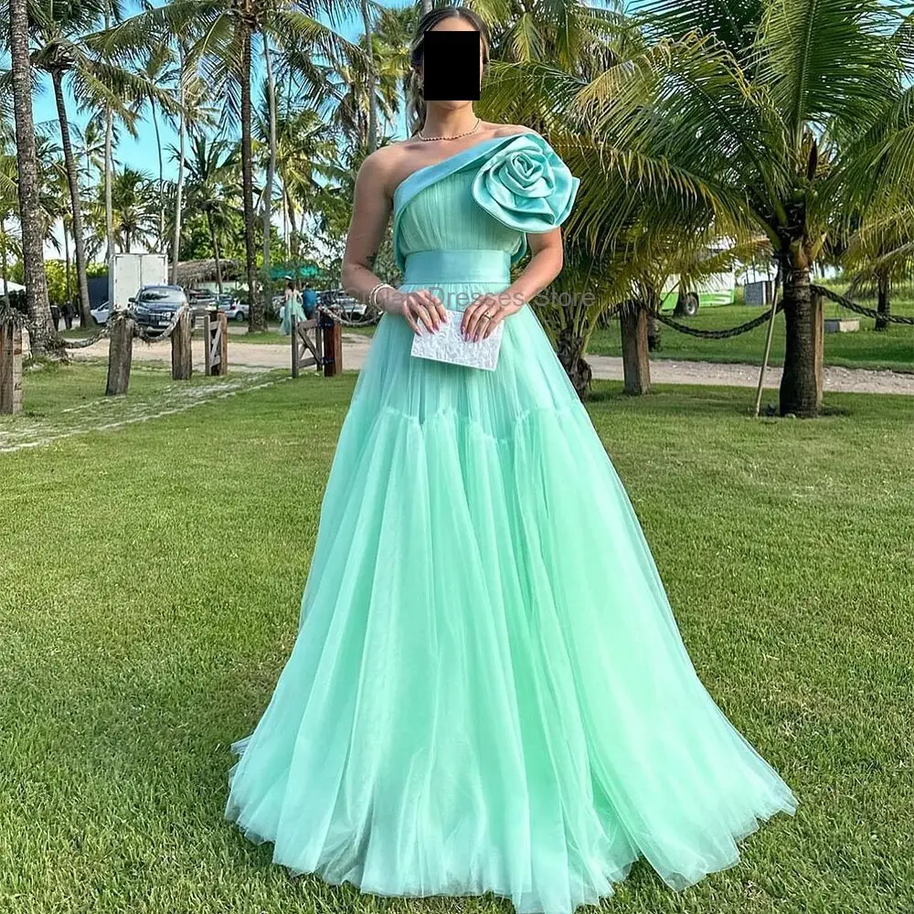 Neueste mint grüne Tüll Abendkleid Damen 3d Blumen ärmellose A-Linie Ballkleid Saudi-Arabien Promi Kleider benutzer definierte Farbe