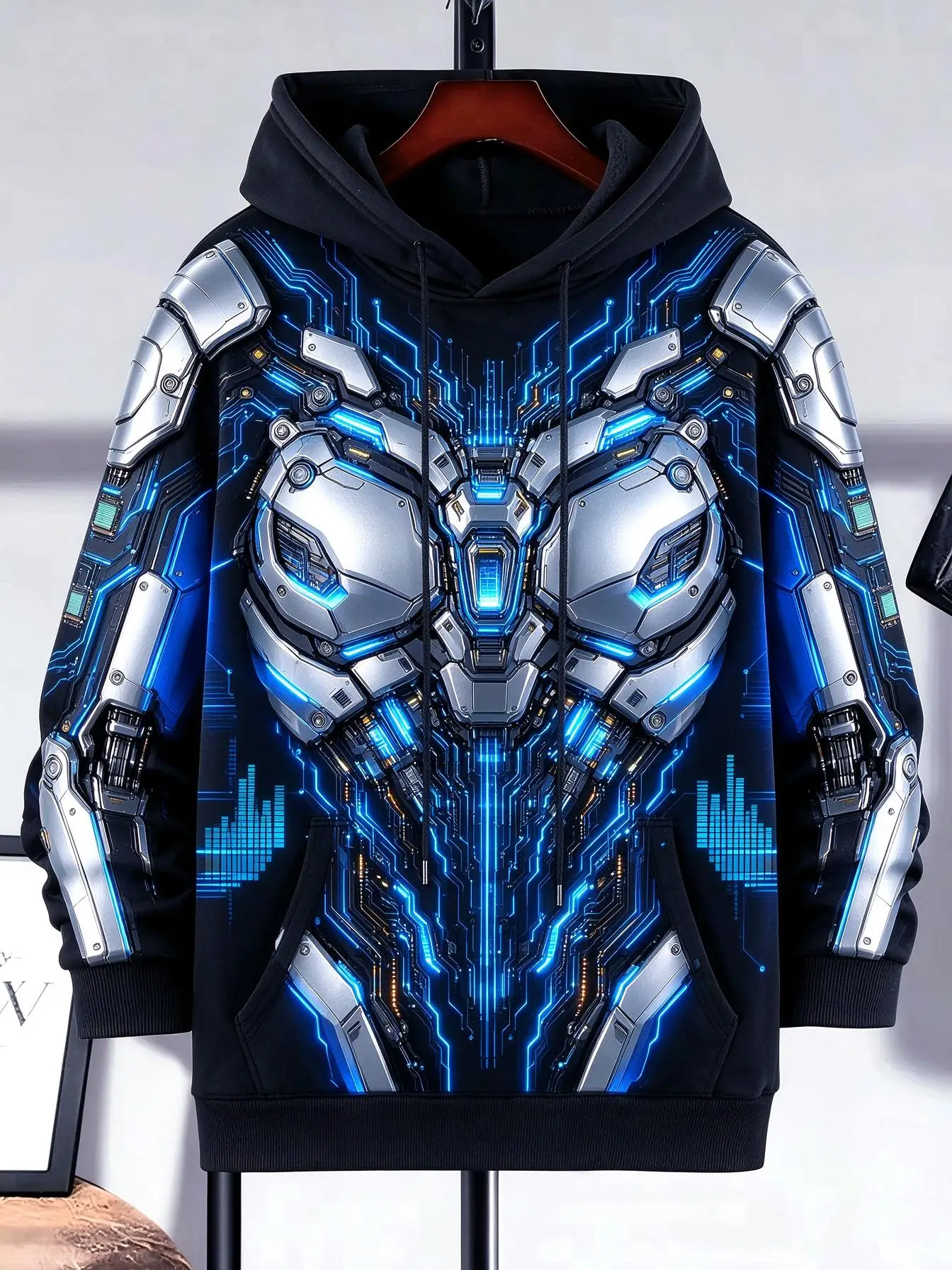 Men's Hoodie Thin Autumn Winter Glowing Blue Tech Robot Armor Full Print Pullover Cyberpunk Sci-Fi Long Sleeve Hooded Sweatshirt
