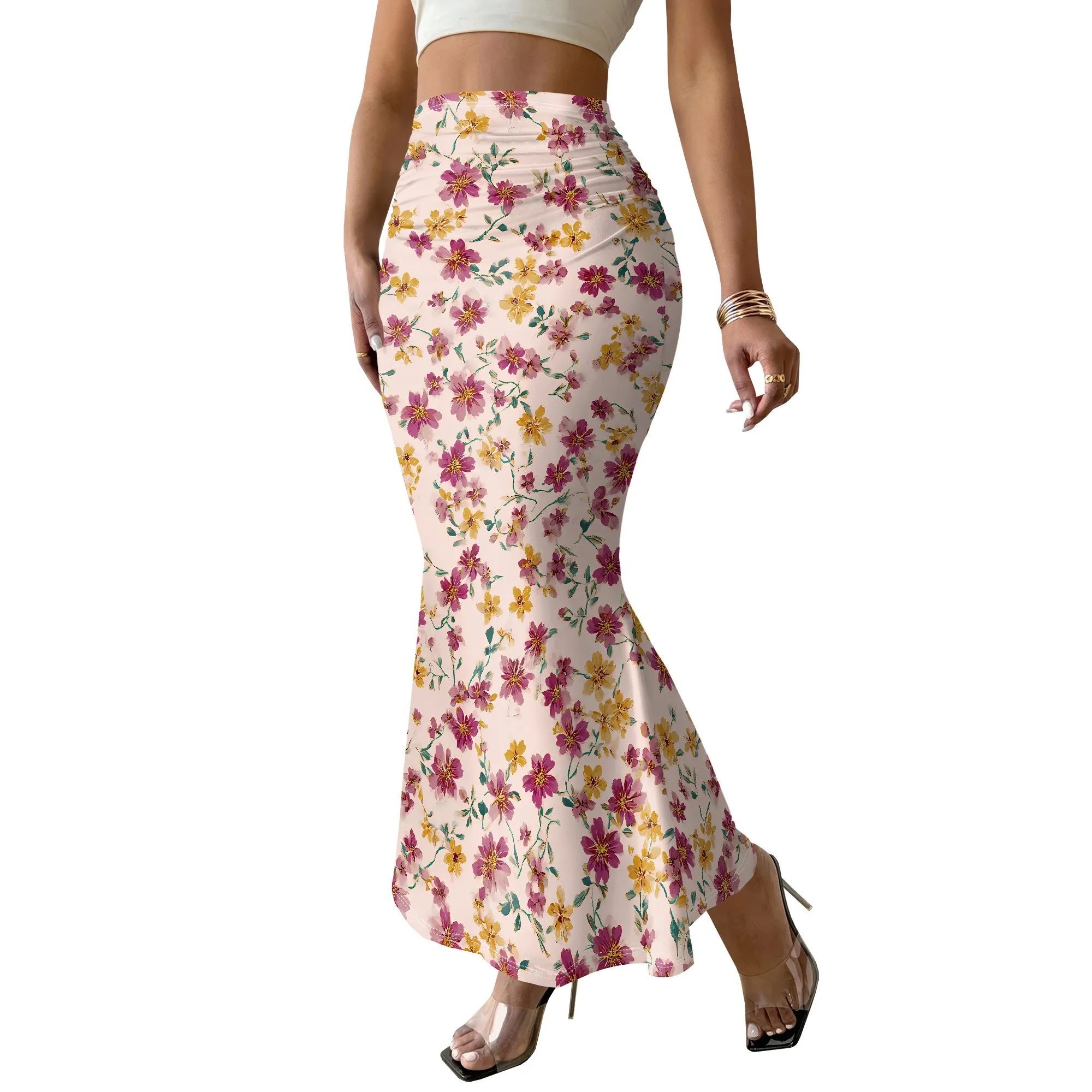 Floral Print Mermaid Skirt, High Waist Ruched Midi Skirt, Summer Beach Party Bottoms, Elastic Waist Casual Wear, S-2XL