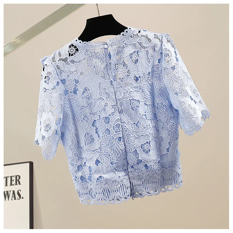 SuperAen Fashion Lace Crochet Hollow Short-sleeved Ruffle Edge Top High-end Top Women's Tshirt