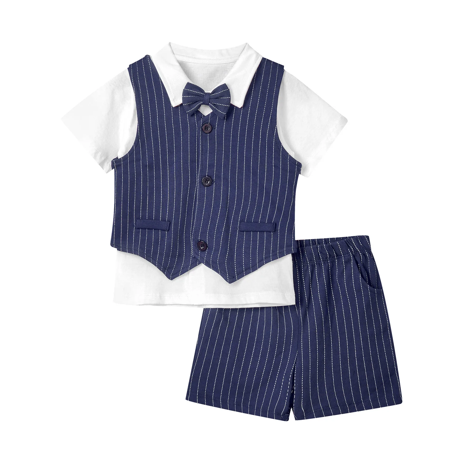 Toddler Boys Gentlemen Suit Cotton Short Sleeve Shirt+Bow Stripe Vest Blazer+Shorts Outfit for Formal Birthday Wedding Party