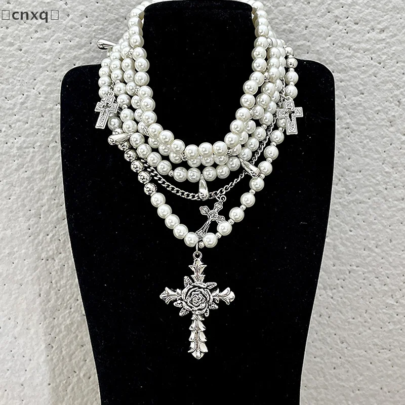 

[XQ23] Personalized Multi-Layered Pearl Cross Pendant Necklace Clavicle Chain For Women Temperament Jewelry Accessories Gifts