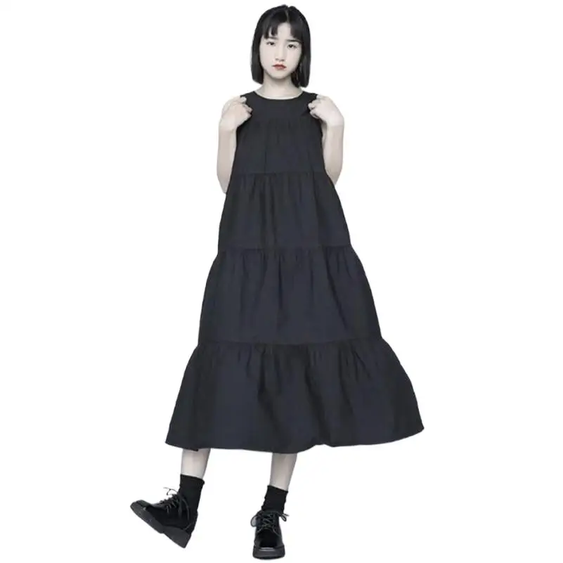 

Women Summer Elegant Loose Sleeveless Long Dress Solid O-Neck Cotton Linen Ruffles Party Dress Basics Tank Dress Vestidos