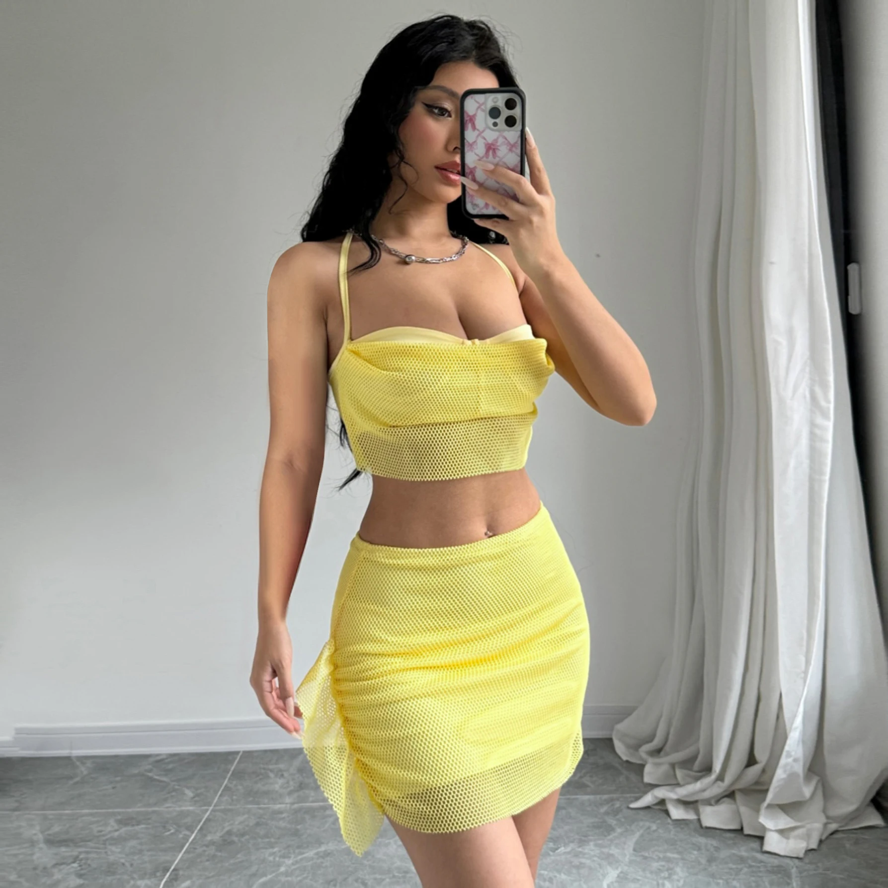 Lygens Halter Mesh High Waist Crop Top Mini Skirt Women'S Sets Summer Party Club Beach Lady Beachwear Vacation Casual Clothing