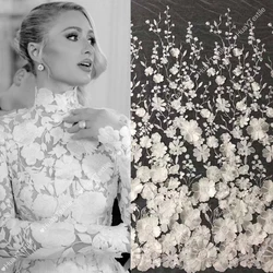 Fashionable 3D Flower Bridal Lace Fabric Ivory Embroidery Dress Lace 130cm Width Lace Fabric HY1748