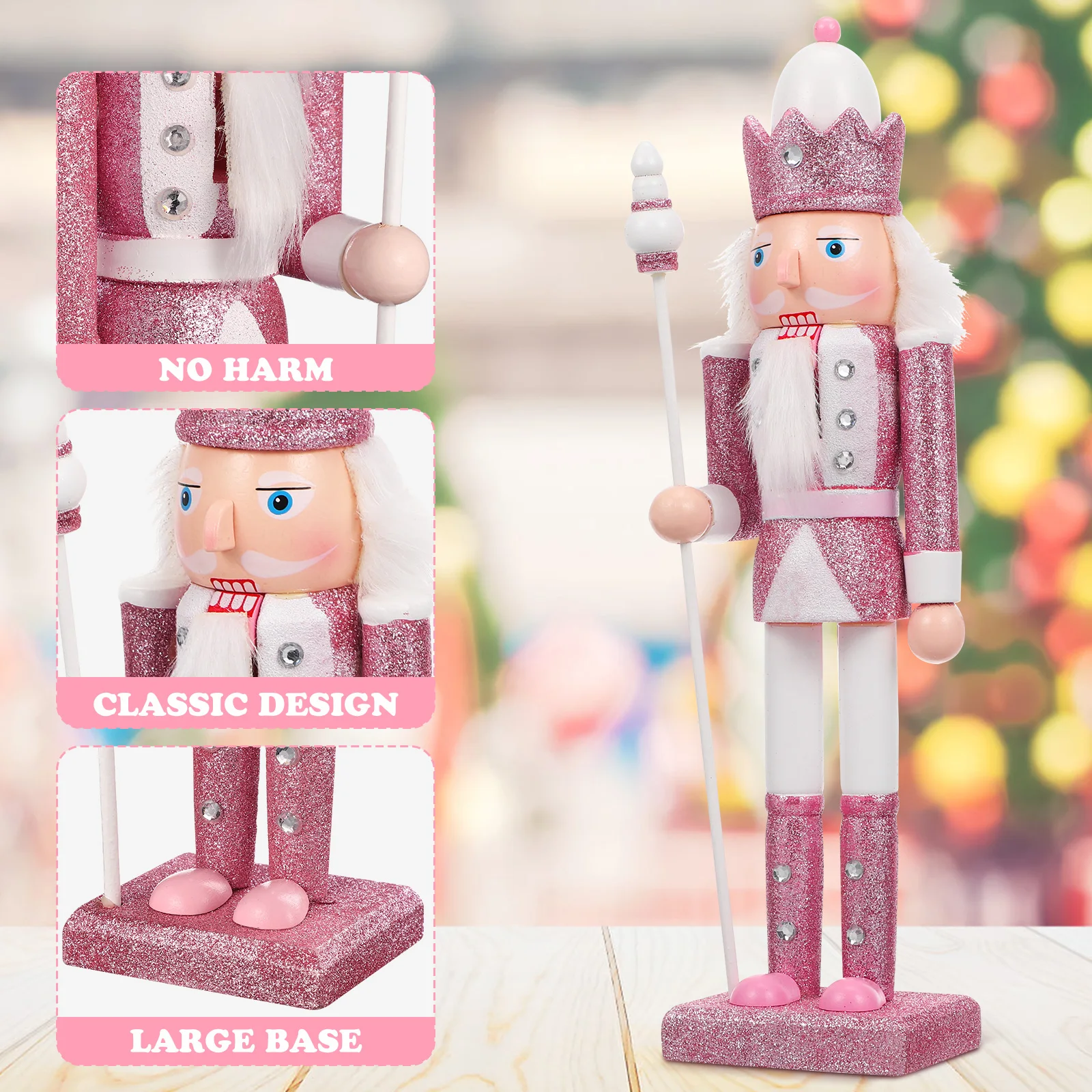 Pink Wooden Nutcracker Solider Figurine Puppet Pink Glitter Soldier Handcraft Ornament Christmas Home Office Decoration