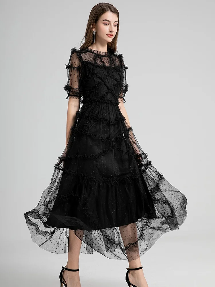 Long Summer Cake Prom Dress Women\'s Elegant Dot Robe Luxury Ruffles Gauze Mesh Embroidery Edible Tree Fungus Wedding Vestido