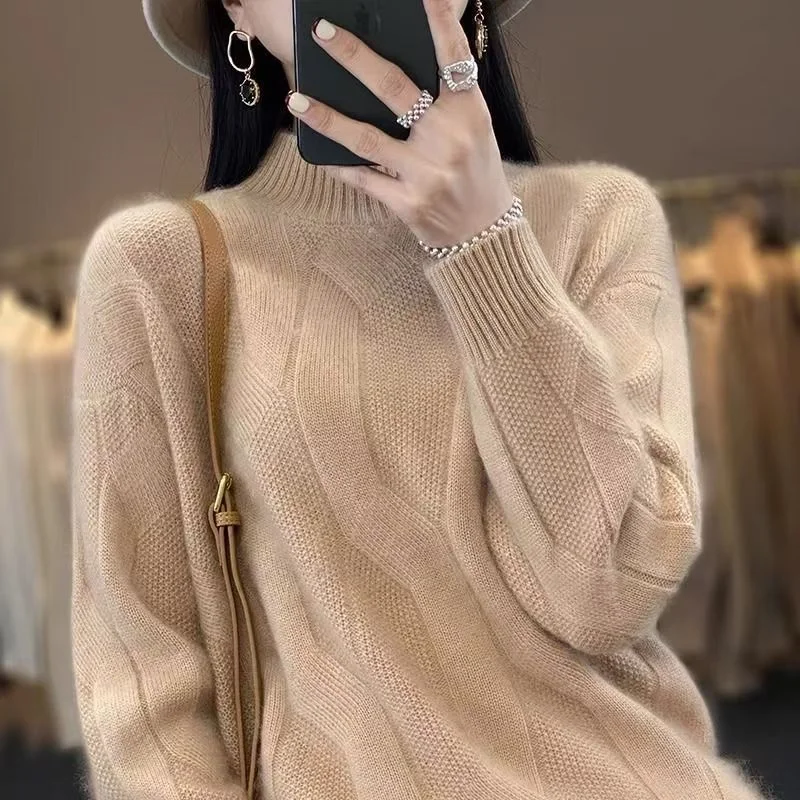 

Korean Style Lazy Fashion Cashmere Sweater Women's Autumn Winter New Half High Collar Twist Knitted Wool Sweater Knitwear