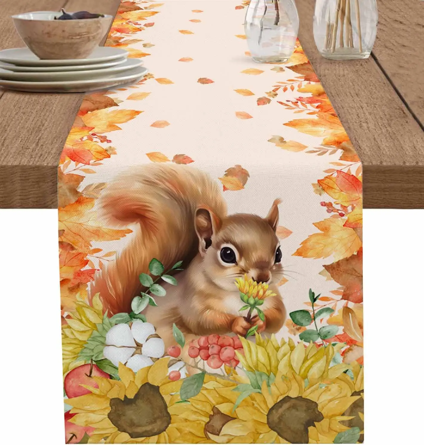 

Thanksgiving Squirrel Sunflower Linen Table Runners Dresser Scarf Decor Washable Dining Table Runners Coffee Party Decorations