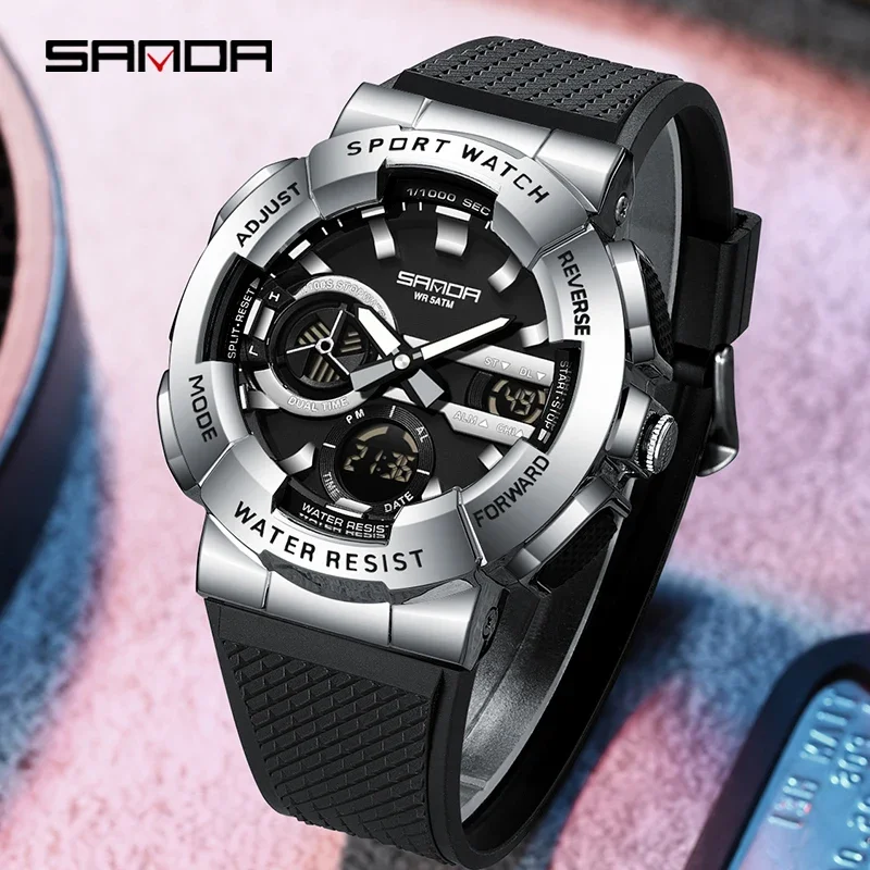 SANDA جديد الرياضة العسكرية الرجال ساعة مزدوجة عرض ساعة توقيت LED مضيئة مقاوم للماء ساعة تنبيه الإلكترونية كوارتز رجل ساعة اليد