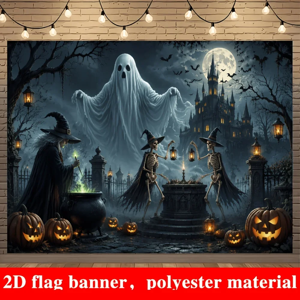 Spooky Halloween Ghost Witch Skeletons Pumpkins Castle 2D Flat Tapestry Backdrop For Holiday Party Decor Scary Wall Hanging Art