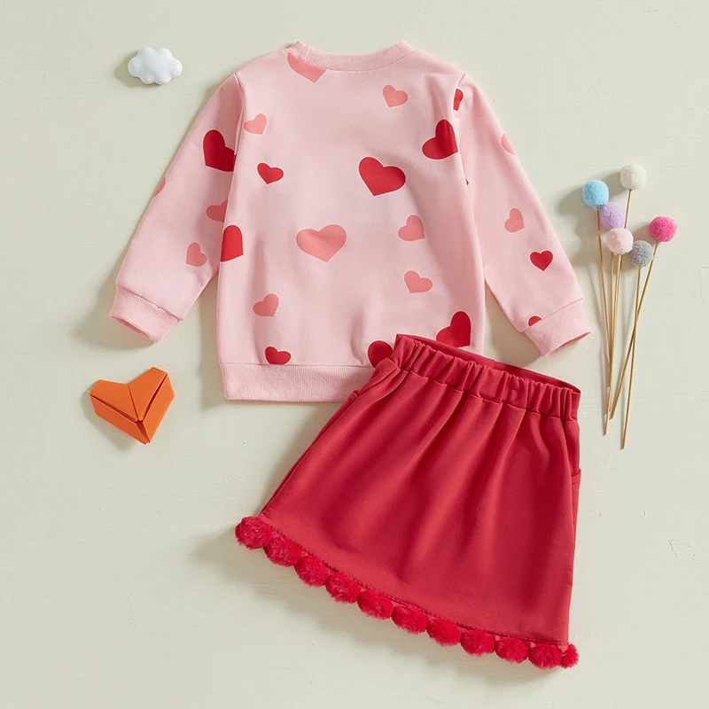 Little Girl Valentines Day Outfit Letter Heart Long Sleeve Sweatshirt Plush Ball A-line Skirt 2 Piece Set for 1-6 Years