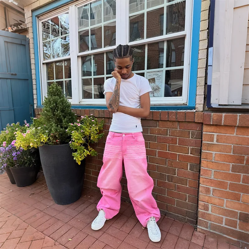 الوردي التدرج المسامير الديكور عالية الخصر خمر المتعثرة حفرة واسعة الساق الجينز Y2K الاتجاه الرجال النساء موضة غير رسمية الشارع الشهير #6