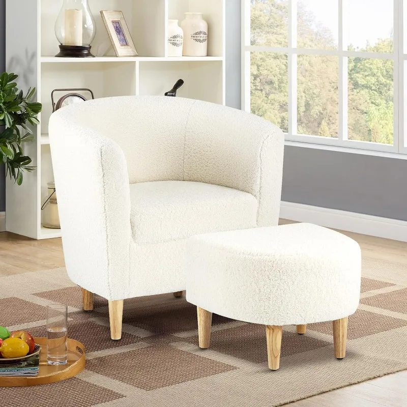 Accent Chair, Sherpa Chair White Plush Chair Teddy Bucket Chair with Ottoman Comfort Armchair Footstool