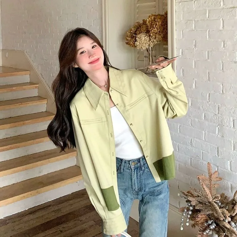 

Contrast Color Shirt Women's Coat Loose Cardigan Jacket Button Long Sleeve Lapel Fashion Top