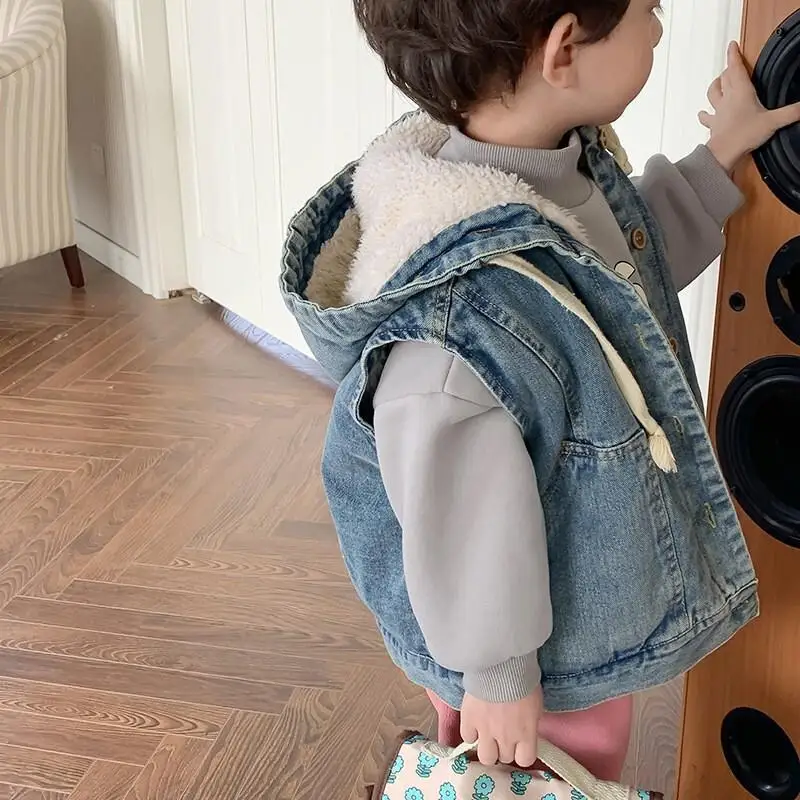 

Children Winter Sleeveless Jacket Berber Fleece Outerwear Unisex Polyester Sherpa Denim Vest Kids Clothes Brother Sister Outfit