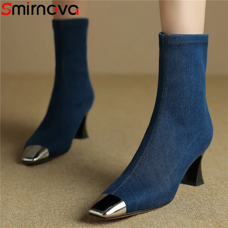 

Smirnova 2023 New Denim Zipper Spring Boots Thick High Heels Ankle Boots Female Mixed Colors Square Toe Stretch Boots