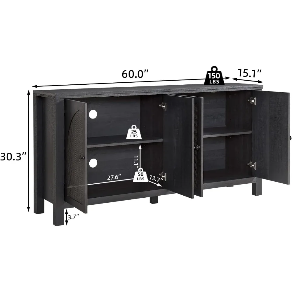 Sideboard Buffet Cabinet with Storage, 60inch Kitchen Buffet Table with Soft Closing Door Hinges, Rattan Coffee Bar Cabinet