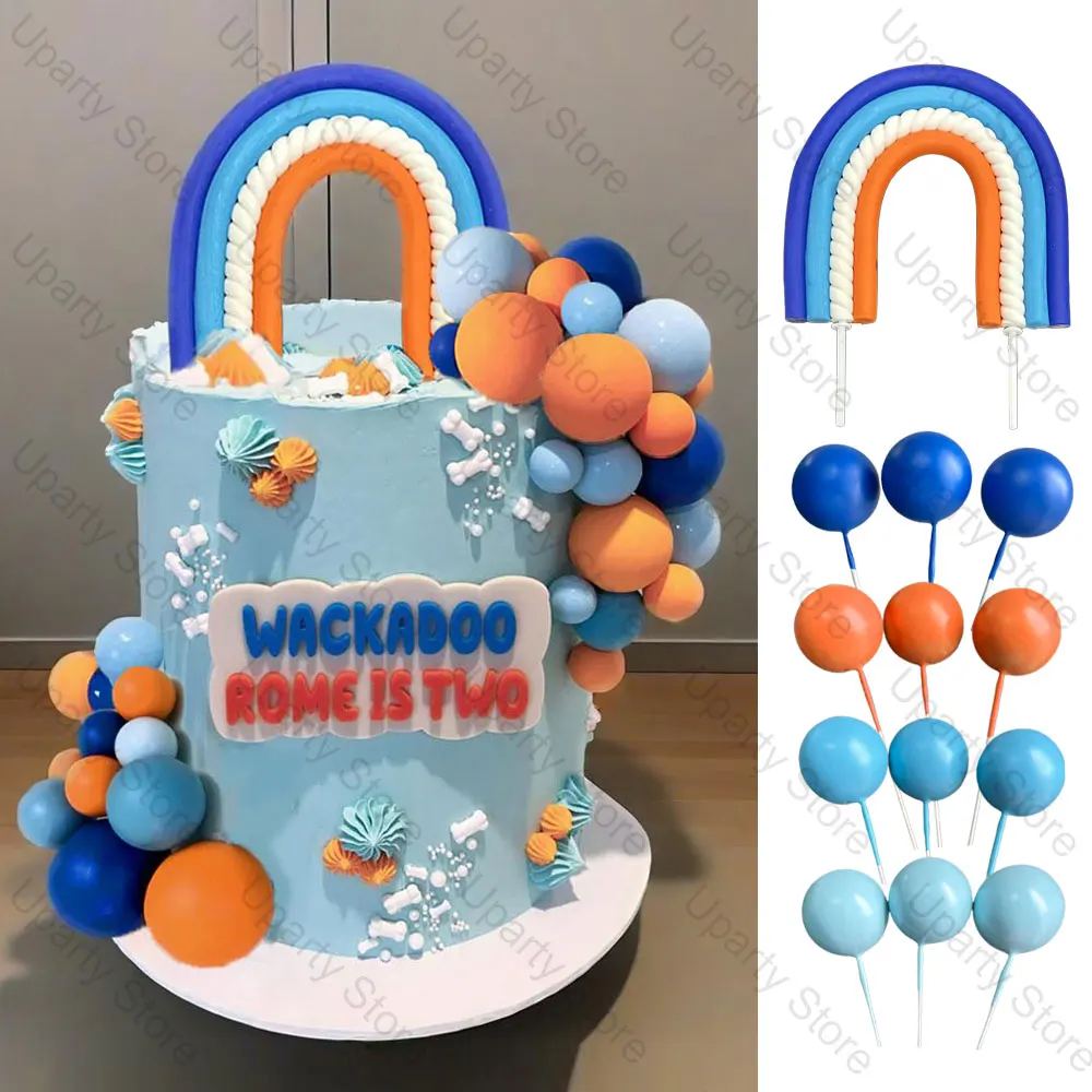 1 Set blaue Regenbogen-Kuchenaufsätze für Babys, Marineblau, Orange, Kuchenkugeln, Topper für Geburtstag, Babyparty, Cupcake, Kuchendekoration, Gastgeschenk – Detail 1