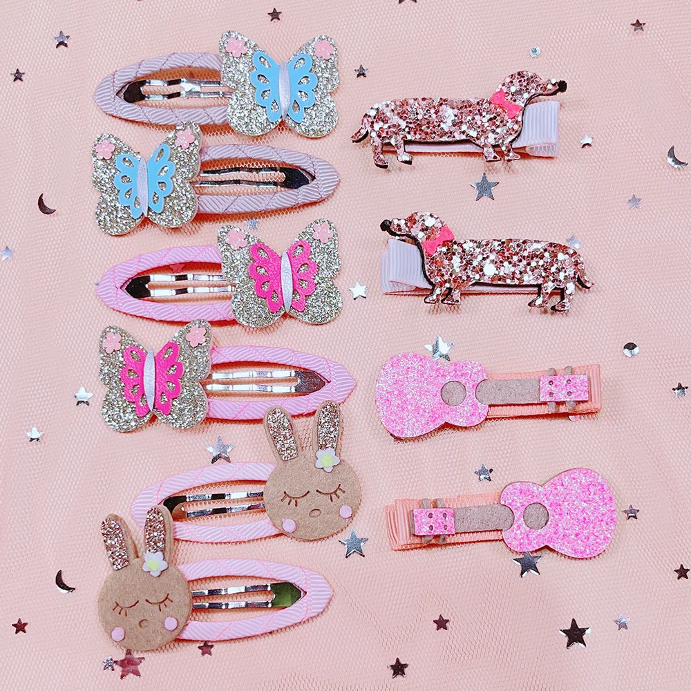 

10Sets Cute Glitter Butterfly Rabbit Snap Clips Sausage Dog Guitar Hairpins Barrettes Fashion Headwear Boutique Hair Accessories