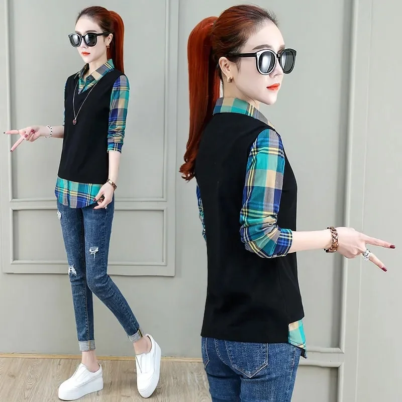 

2023 4XL Long-sleeve Shirt Women New Spring Summer Fashion Fake Two-piece Loose Thin Blouse Ladies Blouse Elegant lattice Top